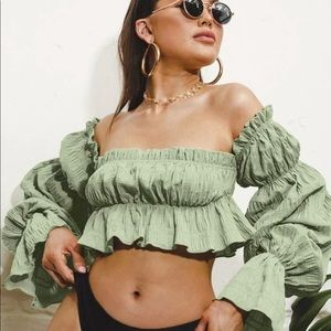 Sage Green Puff Sleeve Crop Top
